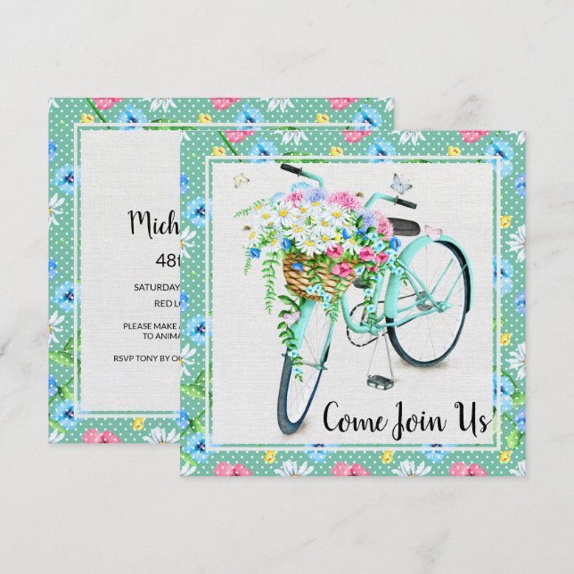 Pretty Flowers & Green Bicycle Birthday Party Invitation (Front/Back)