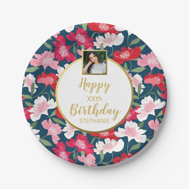 Pretty Flowers, Happy Birthday, Custom Photo Text  Paper Plate (Front)