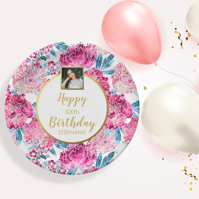 Pretty Flowers, Happy Birthday, Custom Photo Text  Paper Plate (Creator Uploaded)