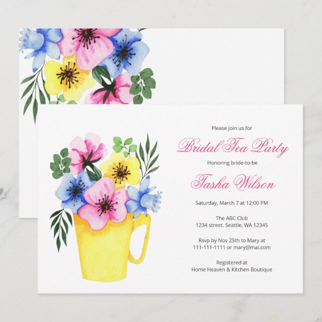 Pretty Flowers in a Teacup Bridal Shower Tea Party Invitation (Front/Back)