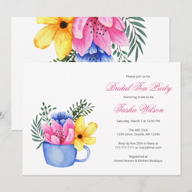 Pretty Flowers in a Teacup Bridal Shower Tea Party Invitation (Front/Back)
