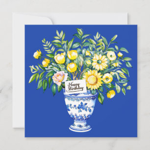 Pretty flowers in vase. Watercolours. Birthday Holiday Card
