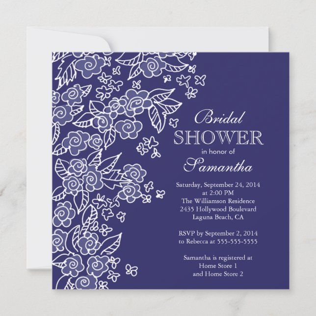 Pretty Flowers Modern Blue & White Bridal Shower Invitation (Front)