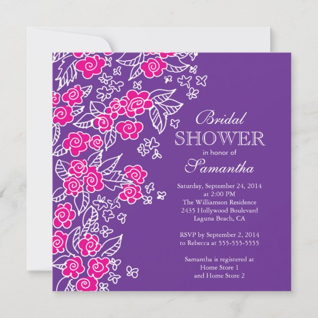 Pretty Flowers Modern Pink & Purple Bridal Shower Invitation (Front)