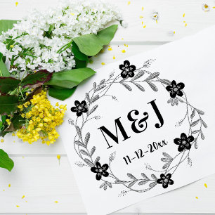 Pretty Flowers Monograms and Date Custom Wedding Rubber Stamp