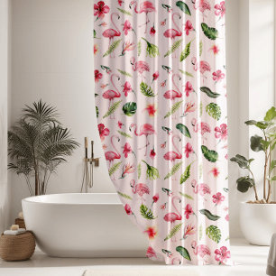 Pretty Flowers & Pink Flamingo Shower Curtain