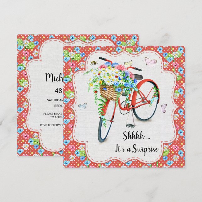 Pretty Flowers & Red Bike Surprise Birthday Party Invitation (Front/Back)