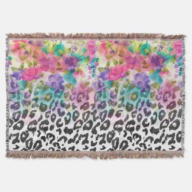 Pretty flowers Watercolor hand paint leopard Throw Blanket (Front)