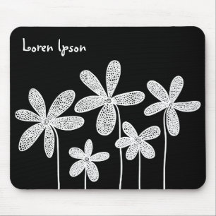 Pretty Flowers - White on Black Mouse Mat