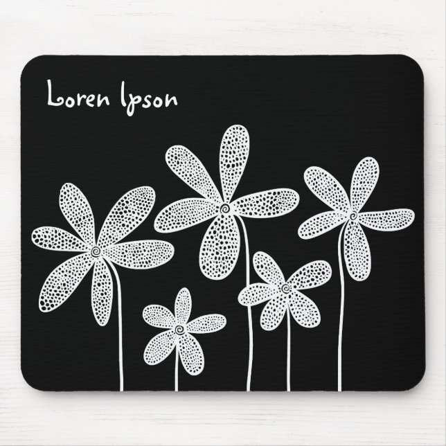 Pretty Flowers - White on Black Mouse Mat (Front)