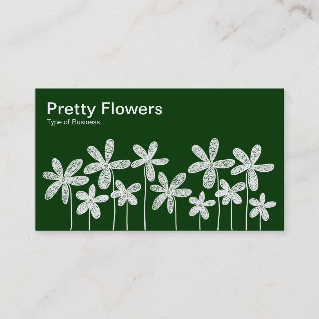 Pretty Flowers - White on Dark Green (Alternating) Business Card (Front)