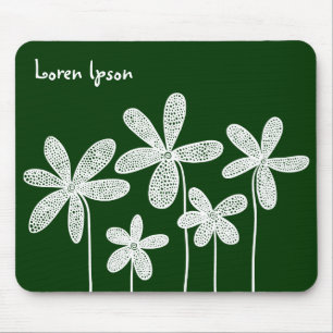 Pretty Flowers - White on Dark Green Mouse Mat