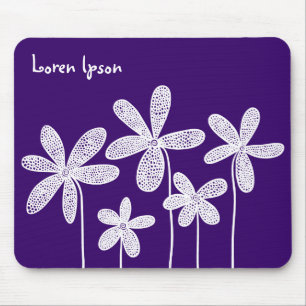 Pretty Flowers - White on Deep Purple Mouse Mat