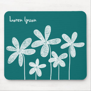 Pretty Flowers - White on Green 006666 Mouse Mat