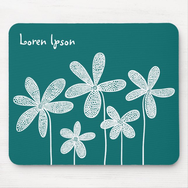 Pretty Flowers - White on Green 006666 Mouse Mat (Front)