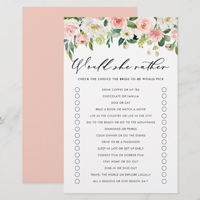 Pretty Flowers Would She Rather Bridal Shower Game (Front/Back)