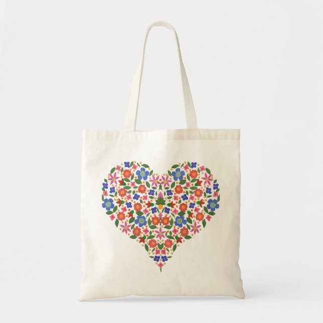 Pretty Folk Art Floral Heart Budget Tote Bag (Front)