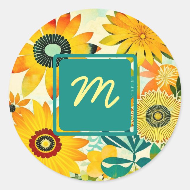 Pretty Folk Art Flowers Monogrammed Classic Round Sticker (Front)