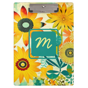 Pretty Folk Art Flowers Monogrammed Clipboard