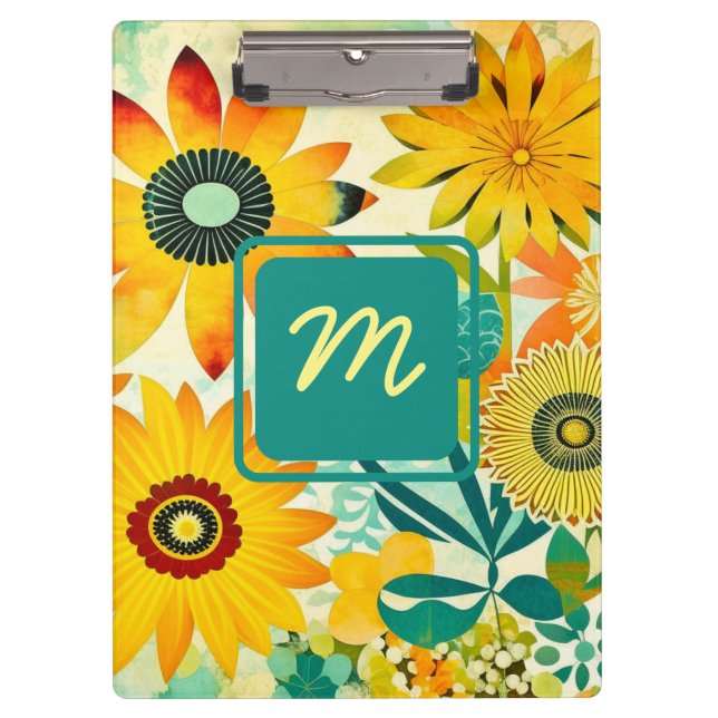 Pretty Folk Art Flowers Monogrammed Clipboard (Front)