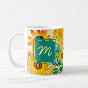 Pretty Folk Art Flowers Monogrammed Coffee Mug