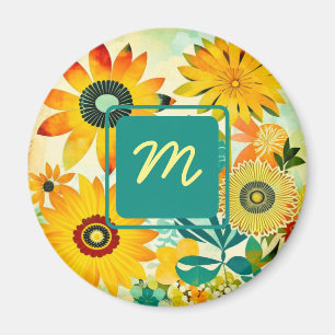 Pretty Folk Art Flowers Monogrammed Magnet