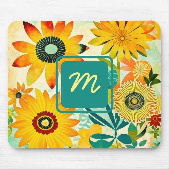 Pretty Folk Art Flowers Monogrammed Mouse Mat (Front)