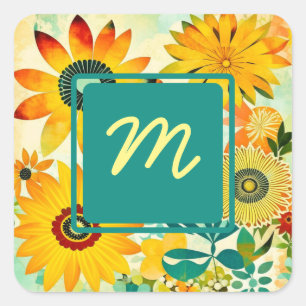 Pretty Folk Art Flowers Monogrammed Square Sticker