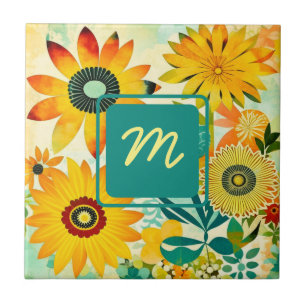 Pretty Folk Art Flowers Monogrammed Tile