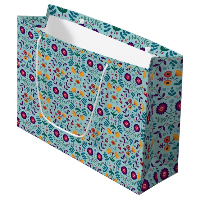 Pretty Folk Art Flowers Pattern Large Gift Bag (Front Angled)