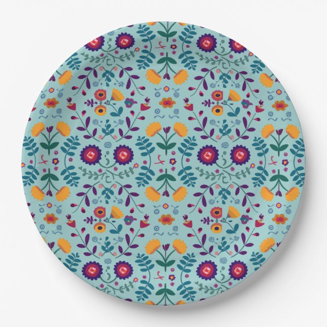 Pretty Folk Art Flowers Pattern Paper Plate (Front)