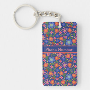 Pretty Folk Art Style Floral, Blue Oblong Keychain