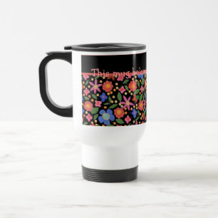 Pretty Folk Art Style Floral on Black Travel Mug