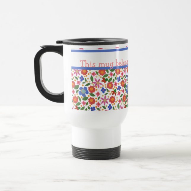 Pretty Folk Art Style Floral on White Travel Mug (Left)