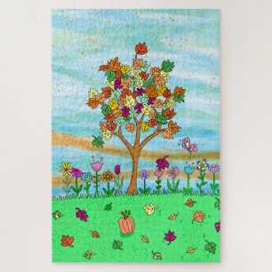 Pretty Folk Art Whimsical Autumn Tree Fall Leaves Jigsaw Puzzle