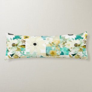 Pretty Folk Art White and Turquoise Flowers Body Cushion