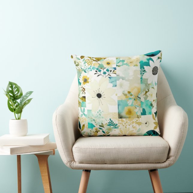Pretty Folk Art White and Turquoise Flowers   Cushion (Chair)