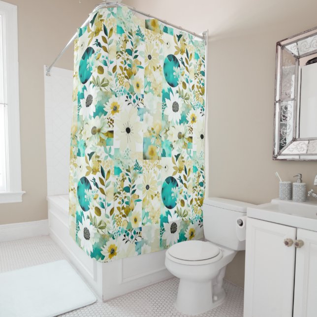 Pretty Folk Art White and Turquoise Flowers   Shower Curtain (In Situ)