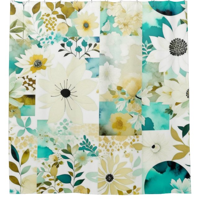 Pretty Folk Art White and Turquoise Flowers   Shower Curtain (Front)