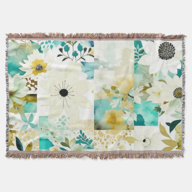 Pretty Folk Art White and Turquoise Flowers   Throw Blanket (Front)