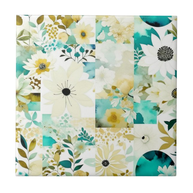 Pretty Folk Art White and Turquoise Flowers   Tile (Front)