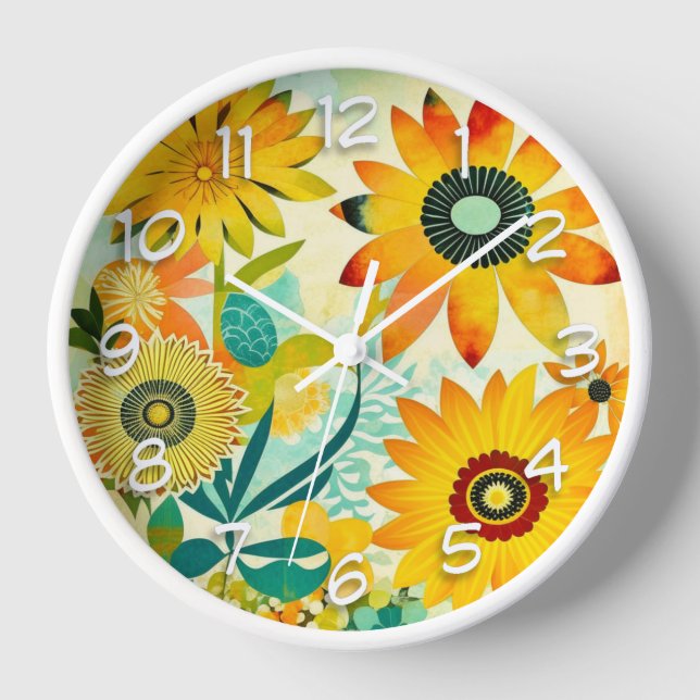 Pretty Folk Art Yellow Flowers   Clock (Front)