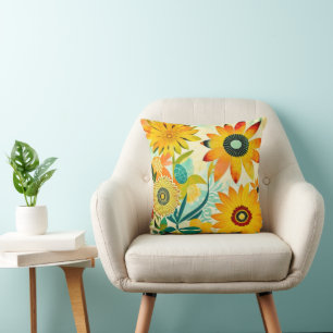 Pretty Folk Art Yellow Flowers Cushion