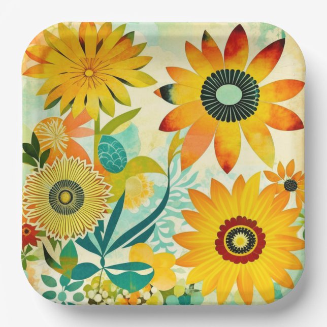 Pretty Folk Art Yellow Flowers   Paper Plate (Front)