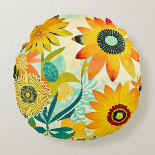 Pretty Folk Art Yellow Flowers Round Cushion