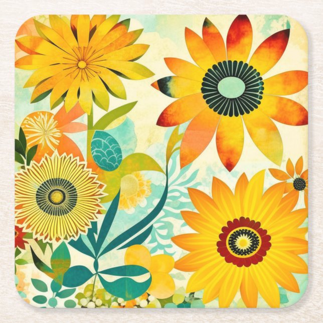Pretty Folk Art Yellow Flowers   Square Paper Coaster (Front)