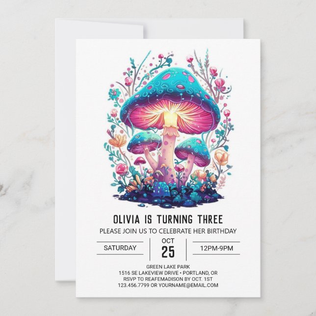 Pretty Forest Digital Mushroom Birthday Invitation (Front)
