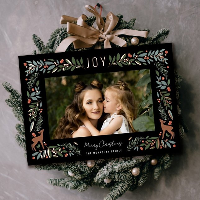 Pretty Frame Little Deer | Black Photo Christmas   Foil Holiday Card (Creator Uploaded)