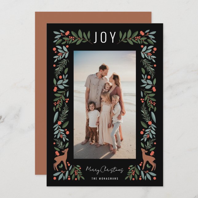 Pretty Frame Little Deer | Black | Vertical Photo  Holiday Card (Front/Back)