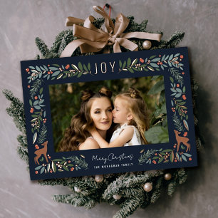 Pretty Frame Little Deer   Navy Photo Christmas    Foil Holiday Card